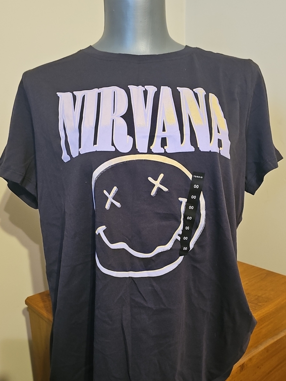 TORRID NIRVANA Black Tee with Lavender and Pale Yellow Logo